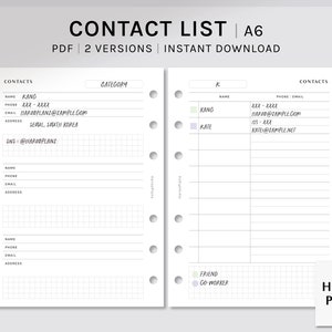 Contact List Sheet | A6 Printable Planner Inserts | Simple Phone Number Email List Template PDF | Address Book Page | Digital Download