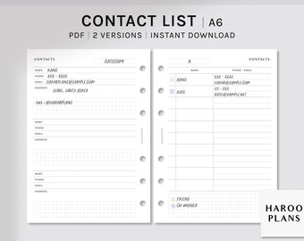 Contact List Sheet | A6 Printable Planner Inserts | Simple Phone Number Email List Template PDF | Address Book Page | Digital Download