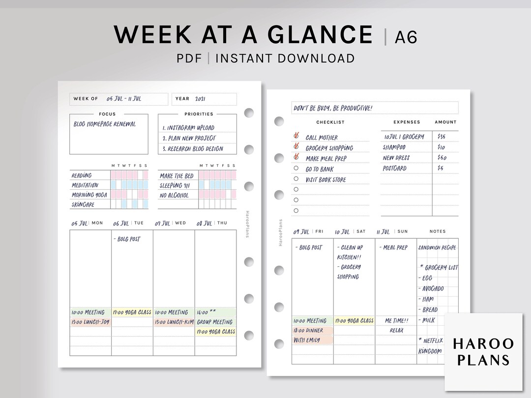 Week at a Glance | A6 Ring Printable Planner Inserts | Weekly Planner ...
