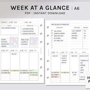 Week at a Glance | A6 Ring Printable Planner Inserts | Weekly Planner | WO2P Layout Hourly Planning Sheet | Digital Download