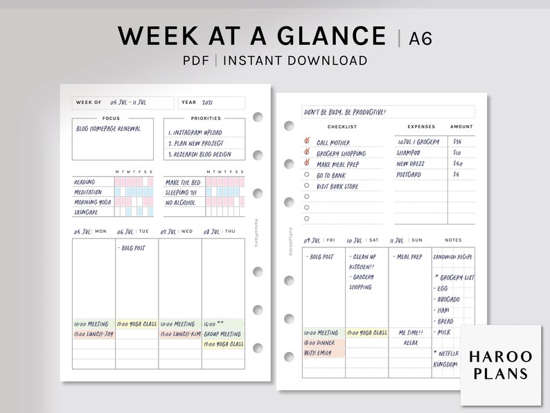 Week at a Glance | A6 Ring Printable Planner Inserts | Weekly Planner ...