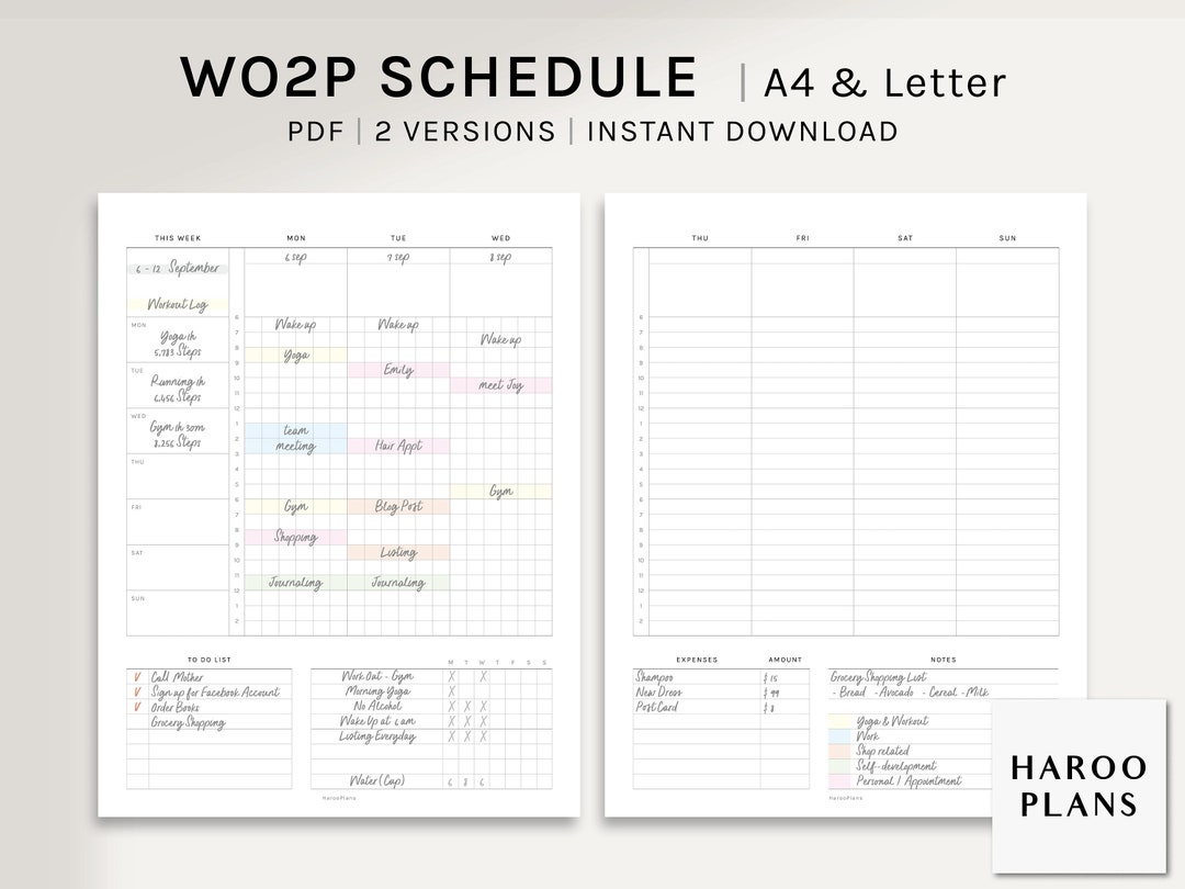 WO2P Schedule | A4, US Letter Printable Planner Inserts | Weekly ...
