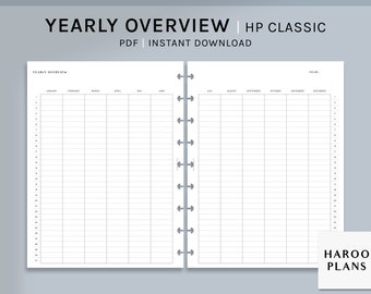 Undated Yearly Overview | HP Classic Printable Happy Planner Inserts | Year at a glance PDF | Blank Year Calendar sheet | Digital Download