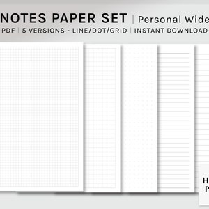 Set di fogli per appunti di base / Personal Wide / Inserti per planner stampabili / Modello di appunti di studio PW PDF / Layout a griglia, punti e righe / Download digitale
