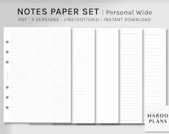 Basic Notes Paper Set | Personal Wide | Printable Planner Inserts | PW Study Notes Template PDF | Grid, Dot, Lined Layout | Digital downlaod