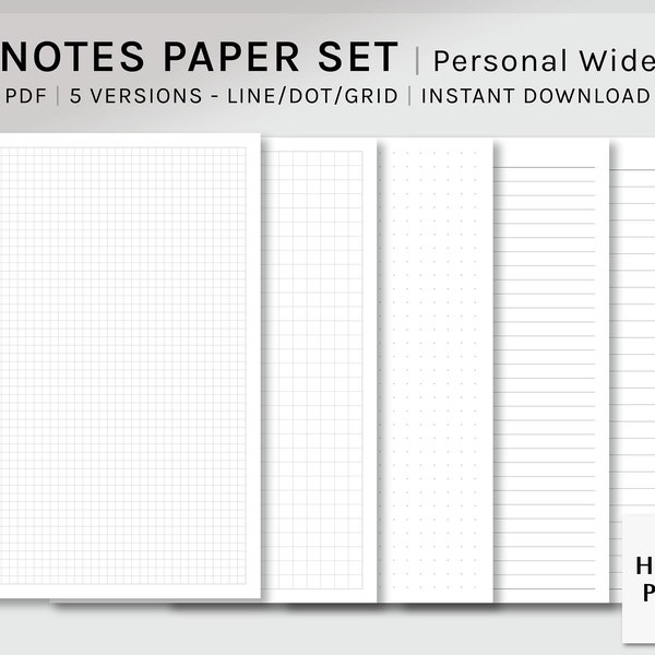 Basic Notes Paper Set | Personal Wide | Printable Planner Inserts | PW Study Notes Template PDF | Grid, Dot, Lined Layout | Digital downlaod