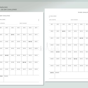 May include: A printable 50-day challenge tracker with two pages. The first page is for a 30-day challenge and the second page is for a 20-day challenge. Each page has a space for the challenge name, date started, and date finished. The pages are divided into squares with each square representing a day. The squares are numbered from 1 to 50. The last square on each page is labeled "Day 50" and has a space for a reward.