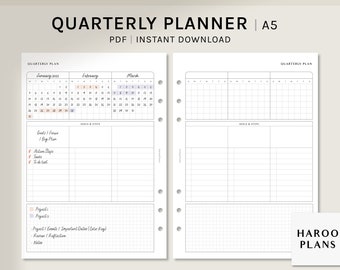 Quarterly Planner | A5 Printable Inserts | 3 Month Goal Organizer | 90-Days Planning Worksheet | Undated Yearly Journal | Digital Download