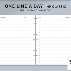 Może przedstawiać: Drukowany planer PDF z tekstem "One Line A Day" i "HP Classic" na okładce. Planer jest zaprojektowany dla rozmiaru Happy Planner Classic.