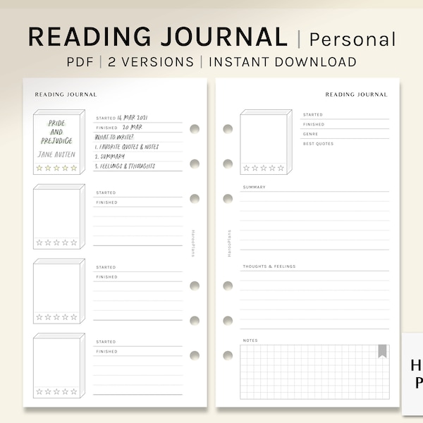 Reading Journal | Personal Printable Planner Inserts | Book Review Log Template PDF | Simple Book Diary Layout Worksheets | Digital Download