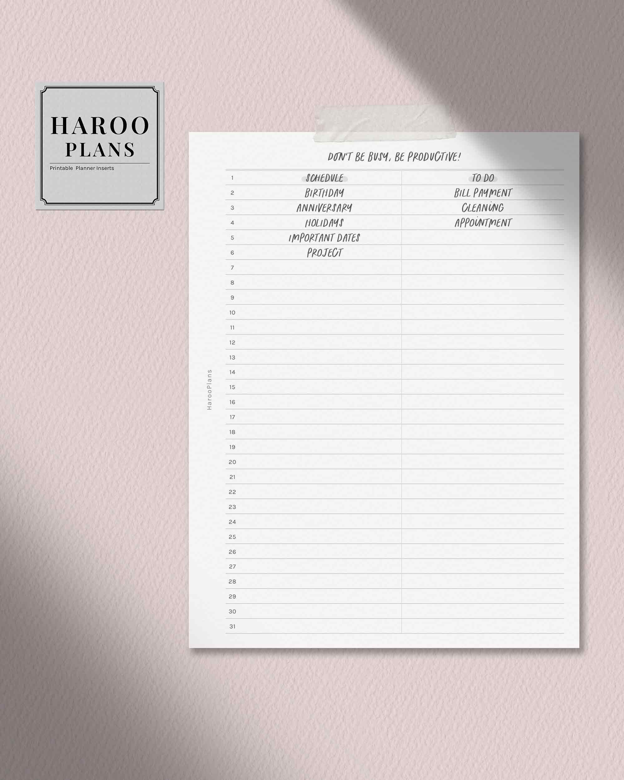 Month at a Glance | B6 Ring Printable Planner Inserts | Undated MO2P ...