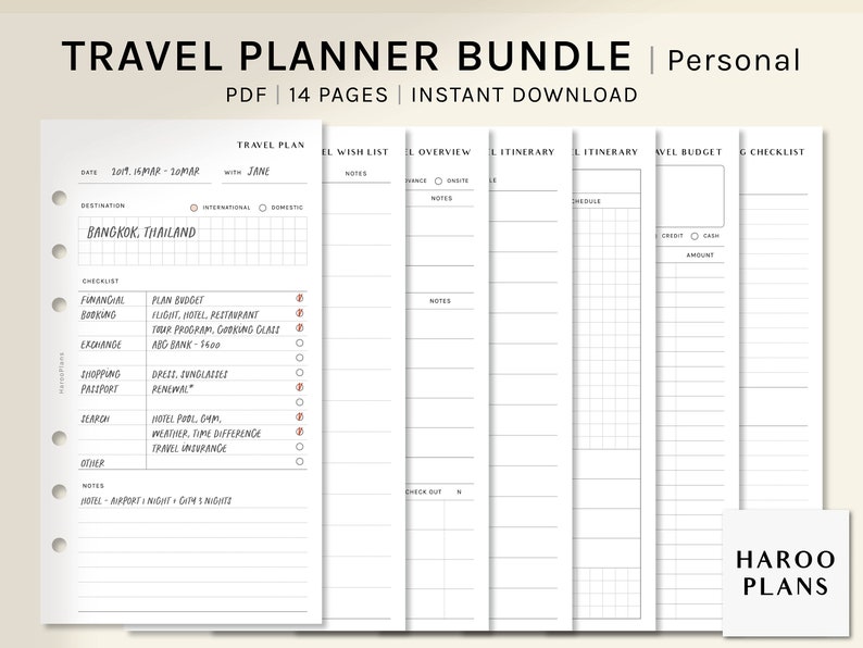 Op de afbeelding: Een printbare reisschemabundel met 14 pagina's. De pagina's bevatten secties voor een reisplan, een verlanglijst, een overzicht, een reisschema, een budget en een checklist. De pagina's zijn ontworpen in een eenvoudige, minimalistische stijl.