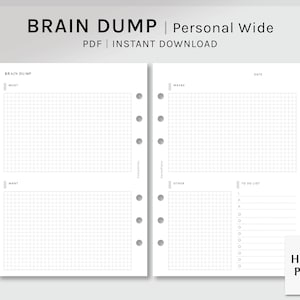 Pode incluir: Uma página de planejador imprimível com um layout de grade para brainstorming e anotações. A página é dividida em seções rotuladas como "Must", "Want", "Maybe", "Other" e "To Do List". A página é projetada para uso com um planejador pessoal largo.