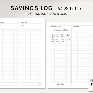 Registro de ahorros / Planificador imprimible en formato A4, tamaño carta (EE. UU.) / Plantilla de diario financiero / Seguimiento de dinero para retos financieros (PDF) / Descarga digital