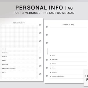 Seite | A6 | Persönliche Daten Blatt druckbare Planer Einsätze | Kontakt-Info-Layout | Digitaler Download