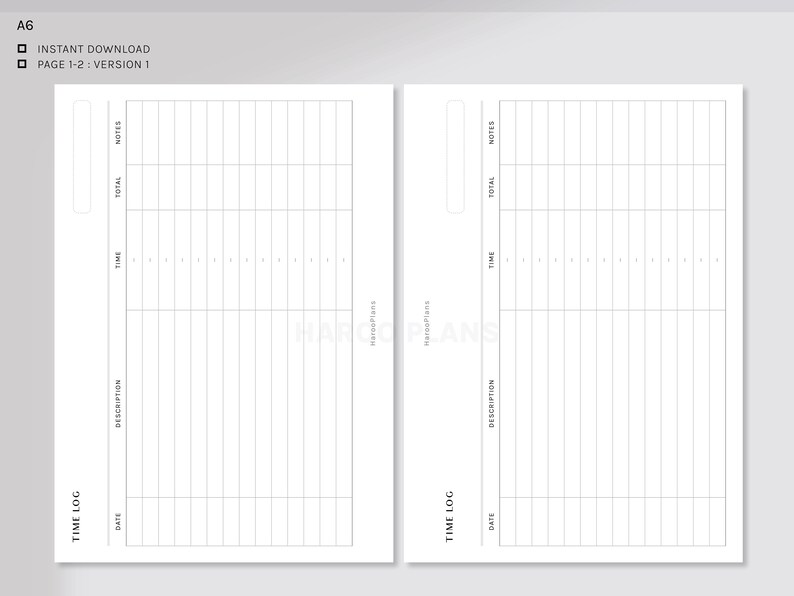 May include: A printable time log template with two pages. Each page has columns for date, description, time, total, and notes.