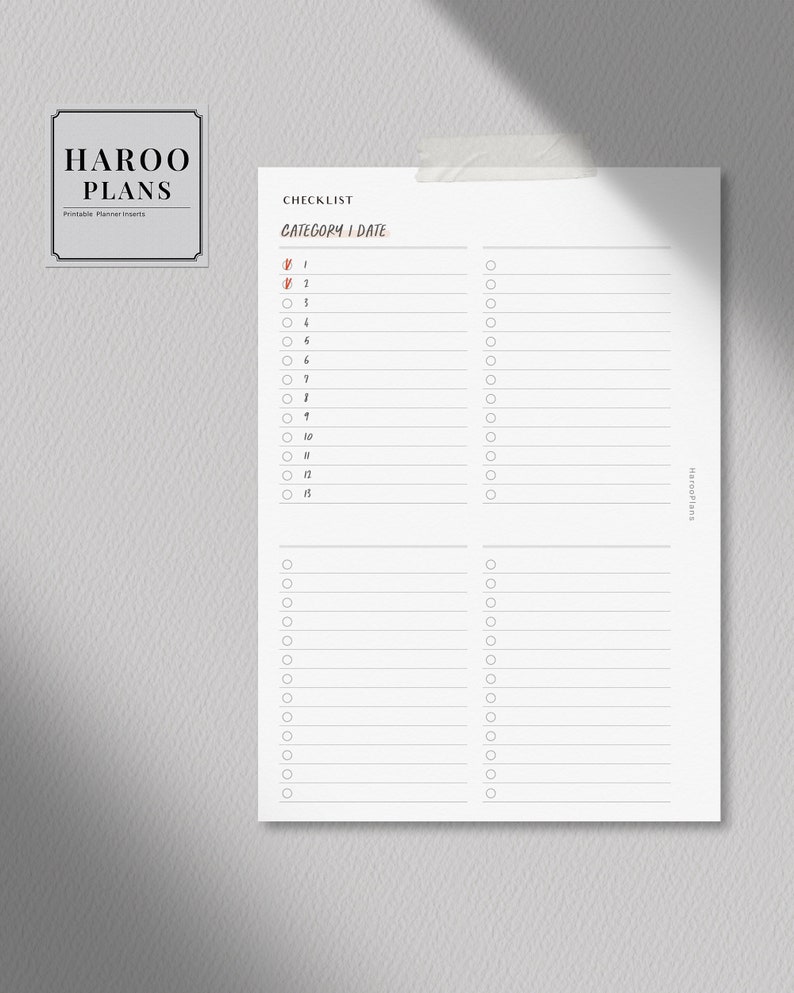 Checklist Sheet | Personal Wide Printable Planner Inserts | Work Task ...
