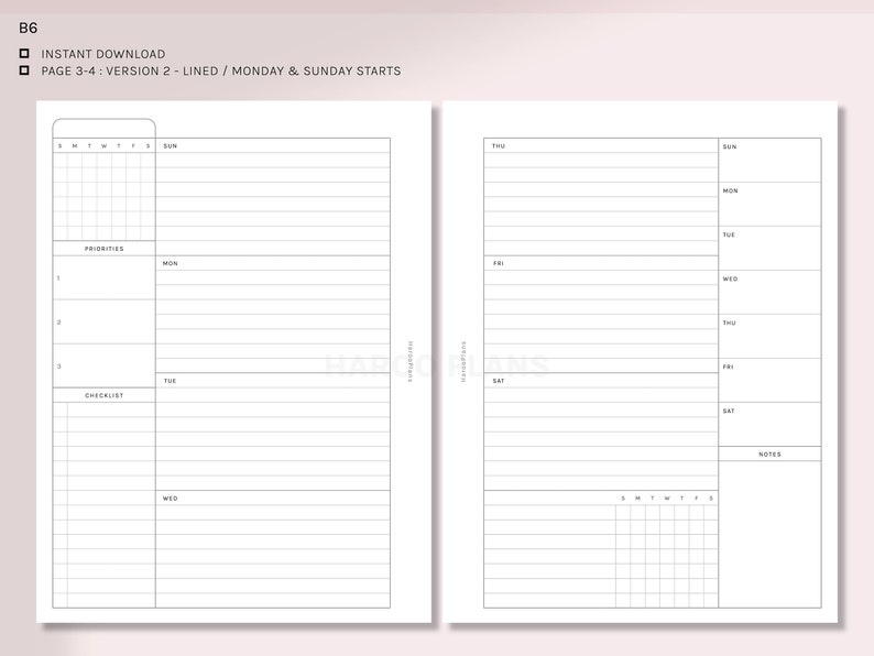 Undated Weekly | B6 Rings Printable Planner Inserts | WO2P Schedule ...