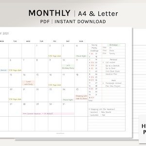 Planificador mensual sin fecha / A4, Planificador imprimible de tamaño de carta de EE. UU. / Plantilla de diseño horizontal / Calendario en blanco con notas / Descarga digital