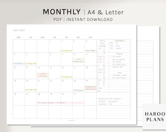 Undated Monthly Planner | A4, US Letter Size Printable Planner | Horizontal Layout Template | Blank Calendar with Notes | Digital Download