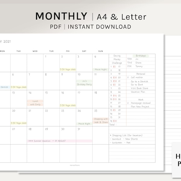 Undated Monthly Planner | A4, US Letter Size Printable Planner | Horizontal Layout Template | Blank Calendar with Notes | Digital Download