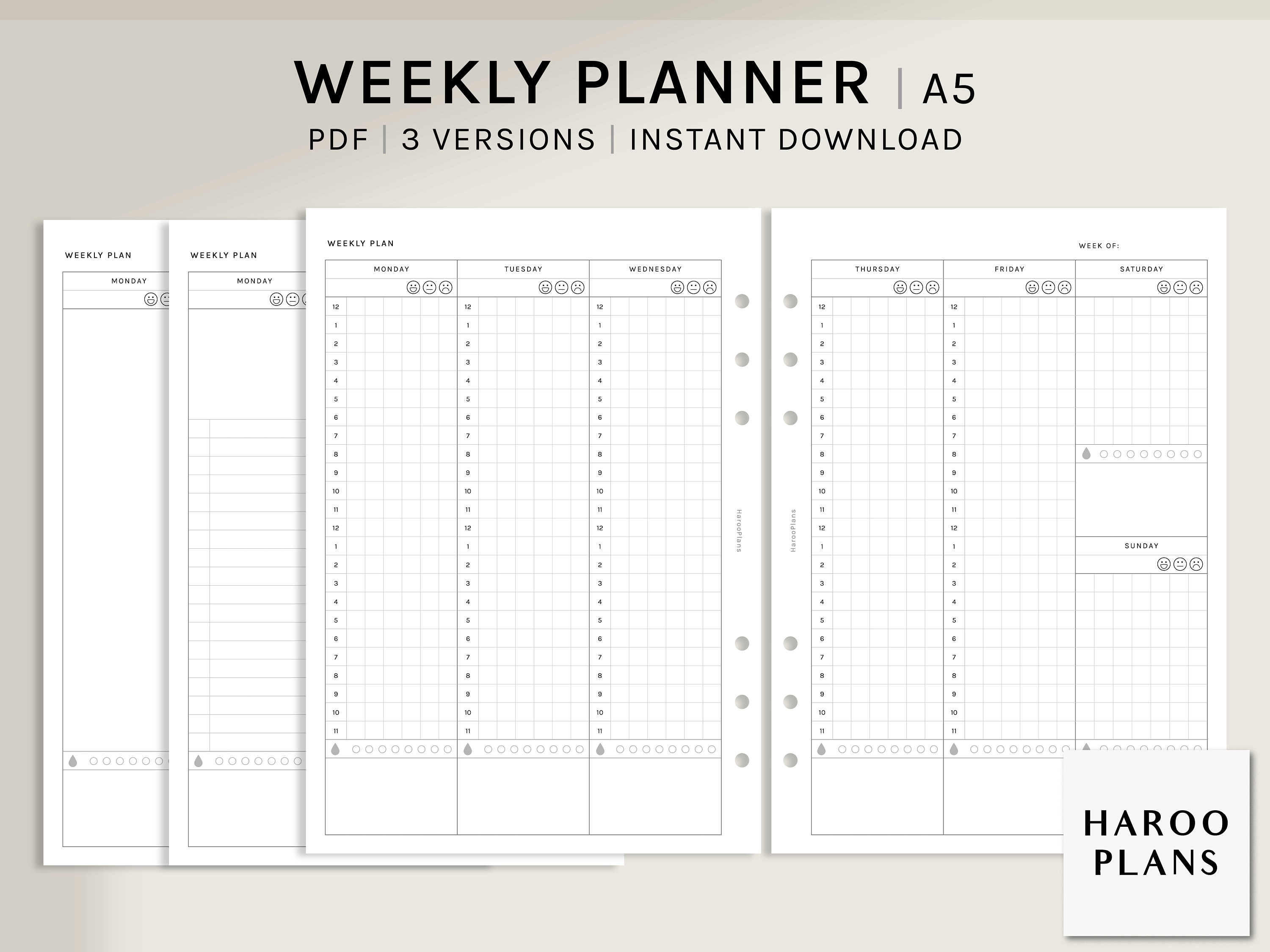 Weekly Planner | A5 Printable Planner Inserts | WO2P Layout Template ...