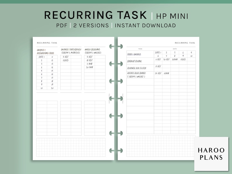 Recurring Task Log | HP Mini Printable Happy Planner Inserts | Habit ...
