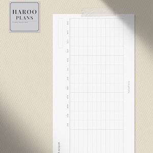 May include: A black and white printable tracker for a year, with a grid layout and monthly columns labelled January through December. The tracker is designed for use with a portable planner and has the text "TRACKER" and "HarooPlans" printed on it.