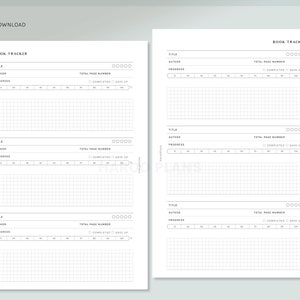 May include: Printable book tracker with three sections for recording book titles, authors, total page numbers, progress, and completed pages. Each section has a grid for tracking progress.