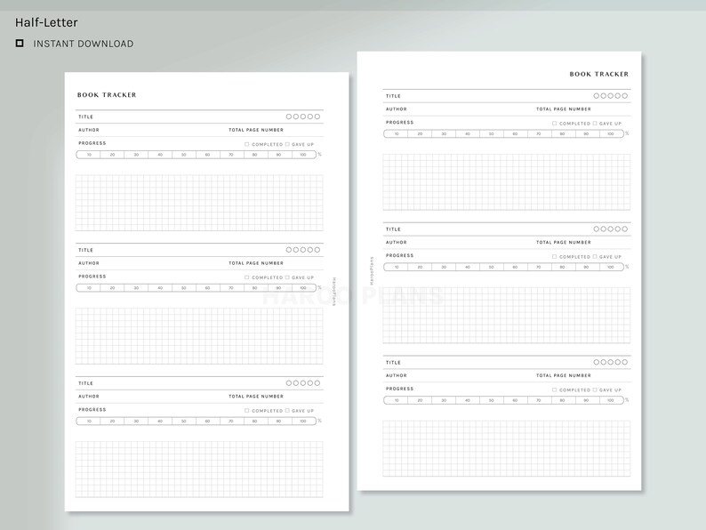 May include: Printable book tracker with three sections for recording book titles, authors, total page numbers, progress, and completed pages. Each section has a grid for tracking progress.