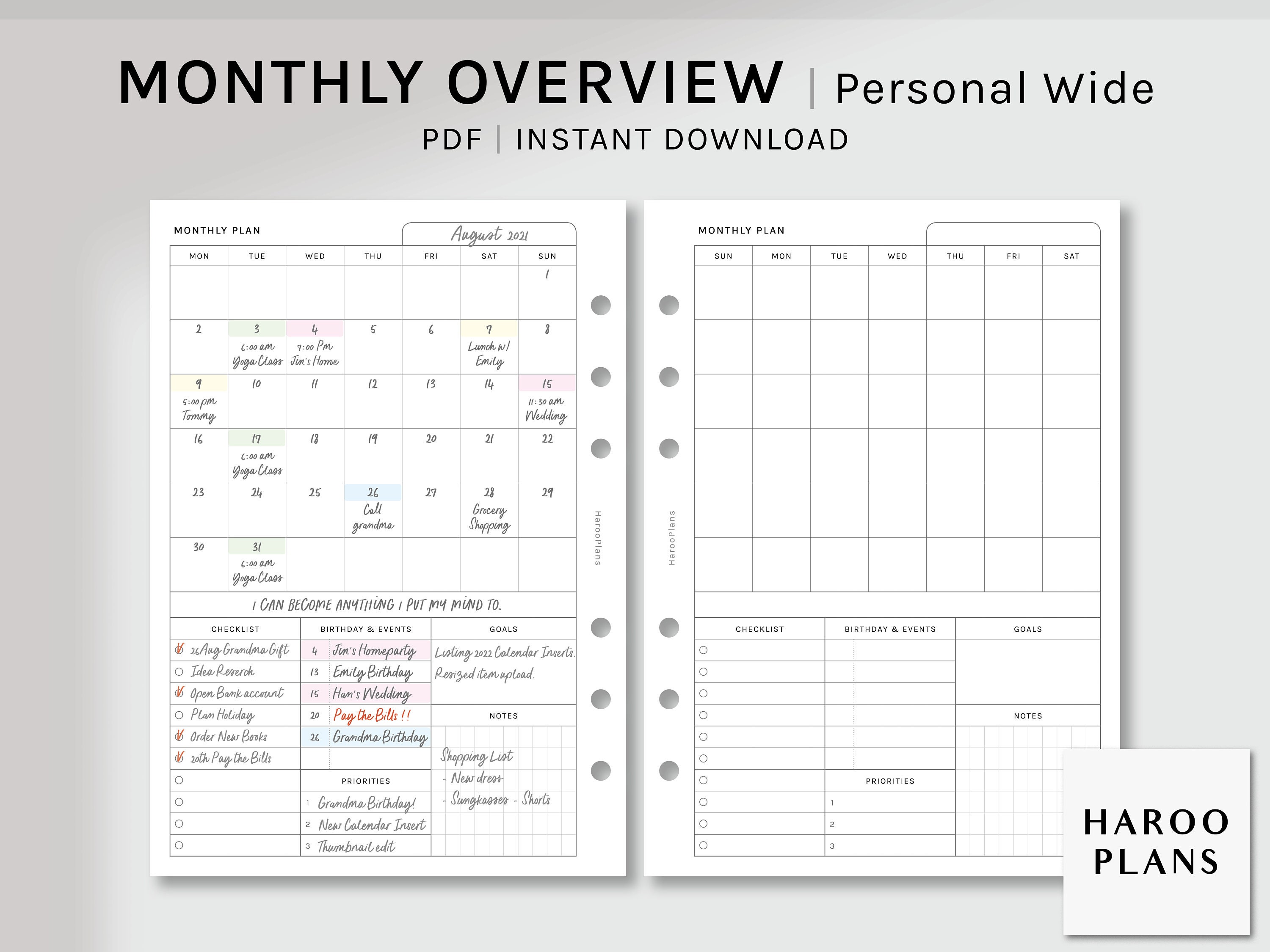 Monthly Overview Personal Wide Printable Planner Inserts - Etsy