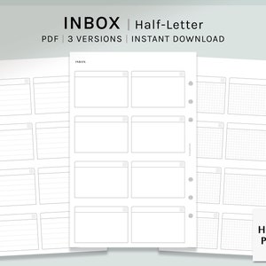 May include: Three printable pages of inbox planner templates in half-letter size. The first page has lined boxes, the second page has blank boxes, and the third page has grid boxes. The pages are labeled "INBOX" at the top and "HAROO PLANS" at the bottom.
