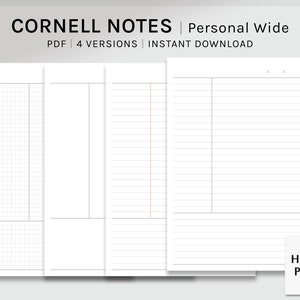 Notatki Cornell | Wkładki do osobistego, szerokiego, drukowanego planera | Szablon notatek z wykładów | Arkusz strony siatki, pustej, linii w formacie PDF | Pobieranie cyfrowe