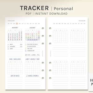 May include: A printable PDF tracker for personal use. The tracker includes sections for workout, reading, goal challenges, and habit tracking. The tracker is designed for use with a personal planner.