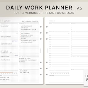 Daily Work Planner | A5 Printable Inserts | Productivity Organizer Template | Grid Journal Layout Worksheet | Digital Download