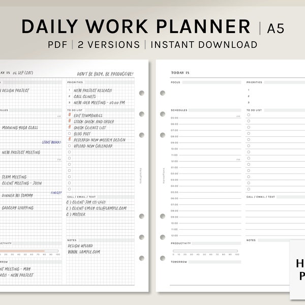 Daily Work Planner | A5 Printable Inserts | Productivity Organizer Template | Grid Journal Layout Worksheet | Digital Download