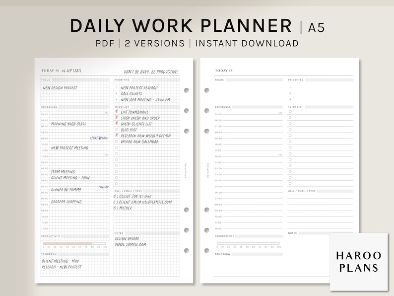 May include: A black and white printable daily work planner in A5 size. The planner has two pages, one with a schedule and to-do list and the other with a focus and priorities section. The planner is designed for use with a disc bound system.