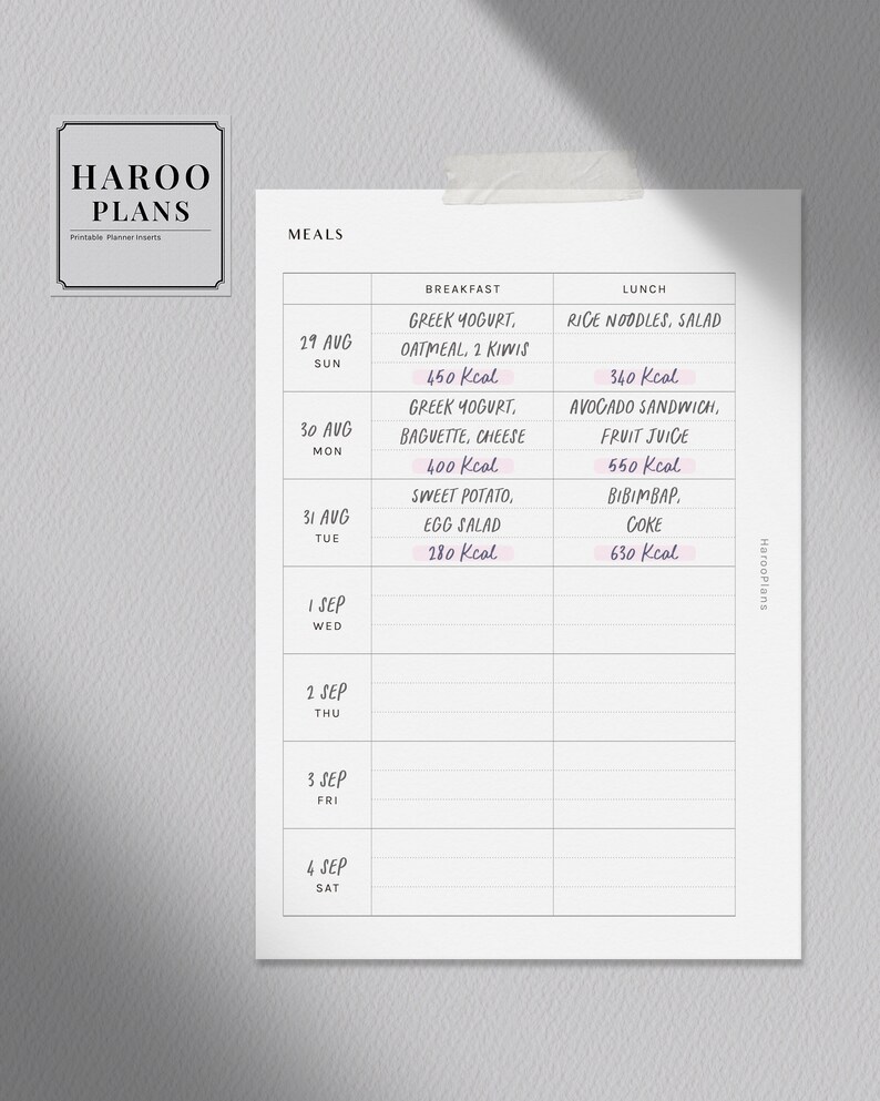 Weekly Meal Tracker | A6 Printable Planner Inserts | Food Log Template ...
