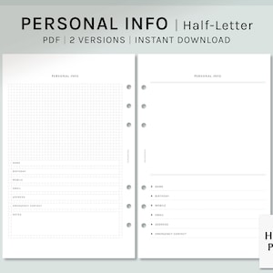 Pode incluir: Uma página imprimível de informações pessoais com o texto "PERSONAL INFO" no topo. A página esquerda tem uma grade para anotações, e a página direita está em branco. O texto "PDF 2 VERSIONS INSTANT DOWNLOAD" está no topo.