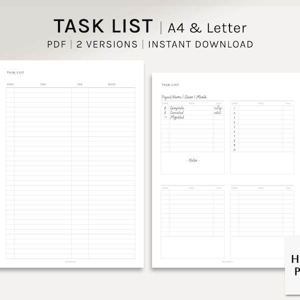 Task List | A4, US Letter Printable Planner Inserts | To Do List Template | Project Checklist Sheet | Assignment Tracker | Digital Download