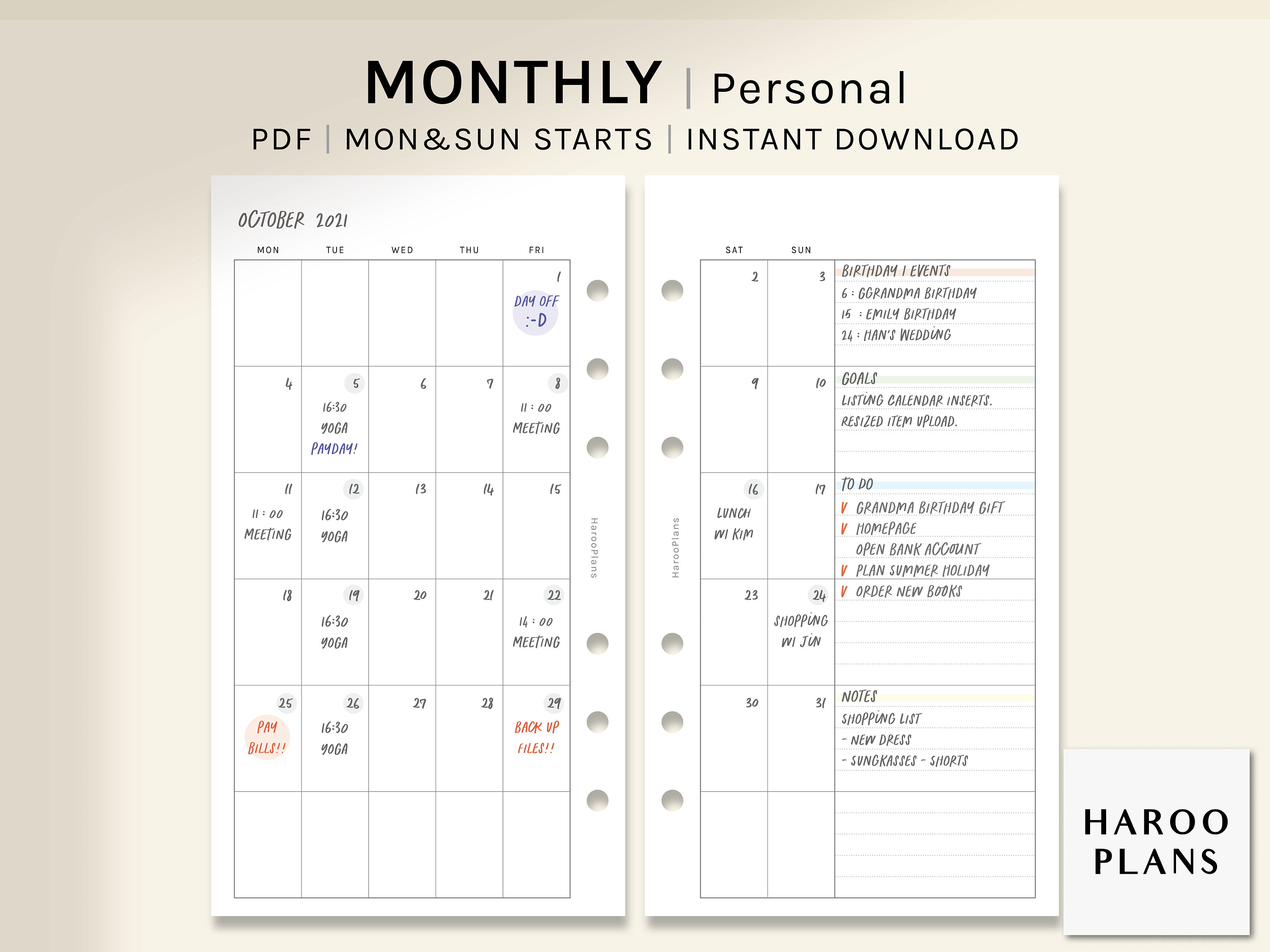 Undated Monthly Planner | Personal Size Printable Inserts | Simple MO2P ...