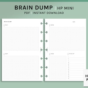 May include: A printable planner page for a Happy Planner mini size planner. The page is divided into four sections: Brain Dump, Must, Want, and Maybe. The page also includes a To Do List section and a date section.