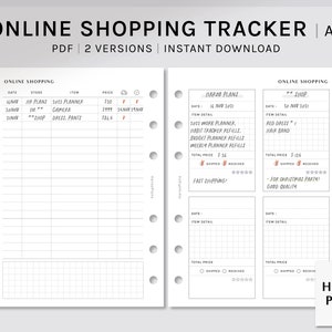 Puede incluir: Un rastreador de compras en línea imprimible en blanco con el texto "ONLINE SHOPPING TRACKER | A6" en la parte superior. El PDF tiene dos versiones y es una descarga instantánea. El rastreador incluye secciones para fecha, tienda, artículo y precio.