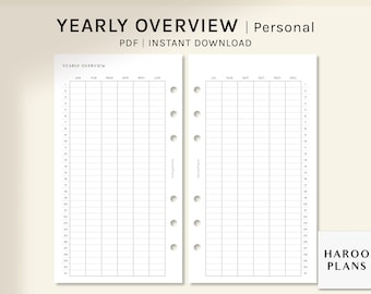 Yearly Overview Printable | Personal Size Planner Inserts | Year at a Glance | Year Calendar sheet | Yearly Tracker | Digital Download