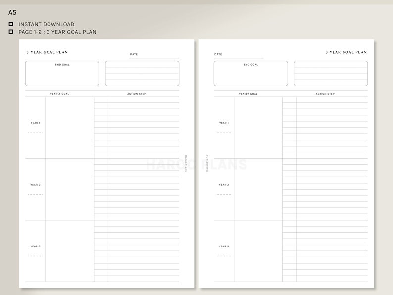 3 and 5 Year Goal Planner | A5 Printable Inserts | Life Goal Action Plan Template | Yearly Goal Setting Organizer PDF | Digital Download image 2