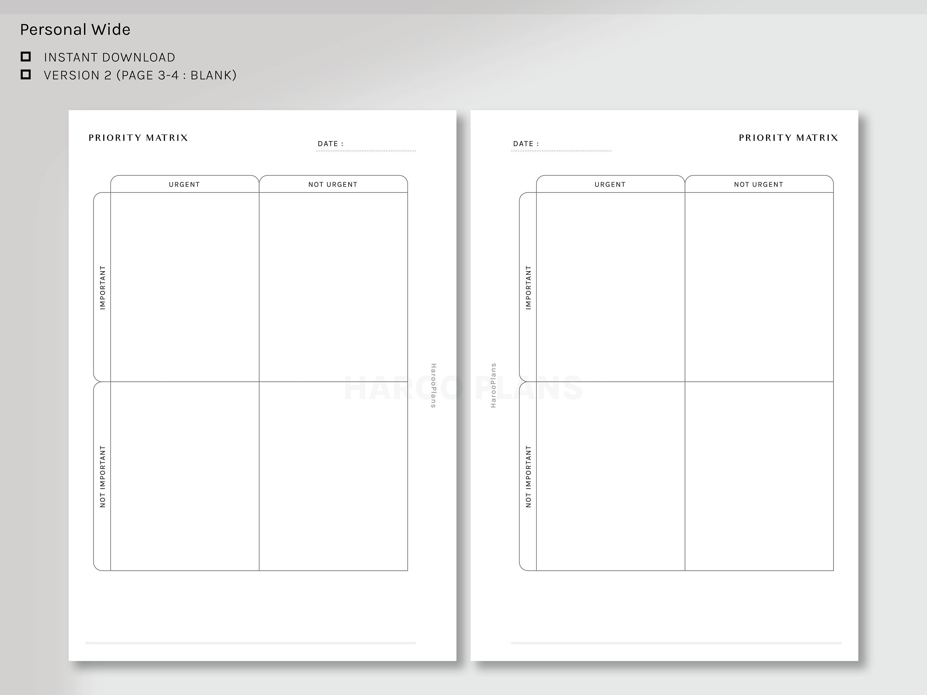 Priority Matrix | Personal Wide Printable Planner Inserts | Urgent ...