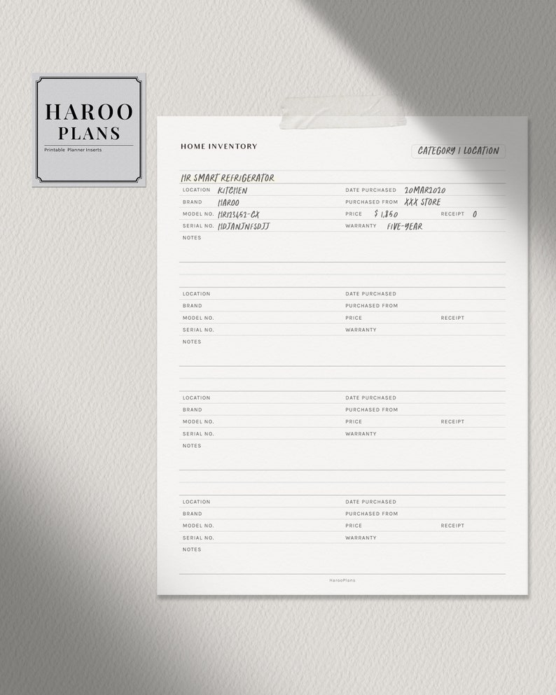 May include: A printable home inventory checklist with a section for a smart refrigerator. The checklist includes fields for location, brand, model number, serial number, date purchased, purchased from, price, warranty, and receipt number.