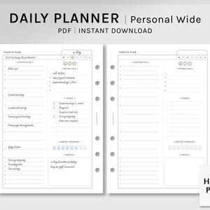 Può includere: Un planner giornaliero stampabile con sfondo bianco e testo nero. Il planner è diviso in due colonne, una per gli orari e l'altra per le priorità. Il planner include anche una sezione per i compiti, un tracker dell'acqua e note.
