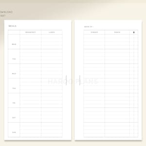 May include: A printable meal planner with a weekly layout. The planner includes sections for breakfast, lunch, dinner, and snacks. The planner is designed to be used with a Monday start.
