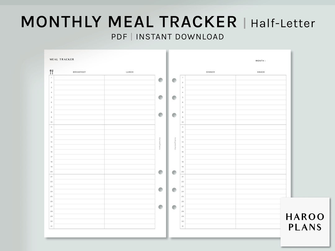Monthly Meal Tracker | Half-letter Printable Planner Inserts | Diet ...